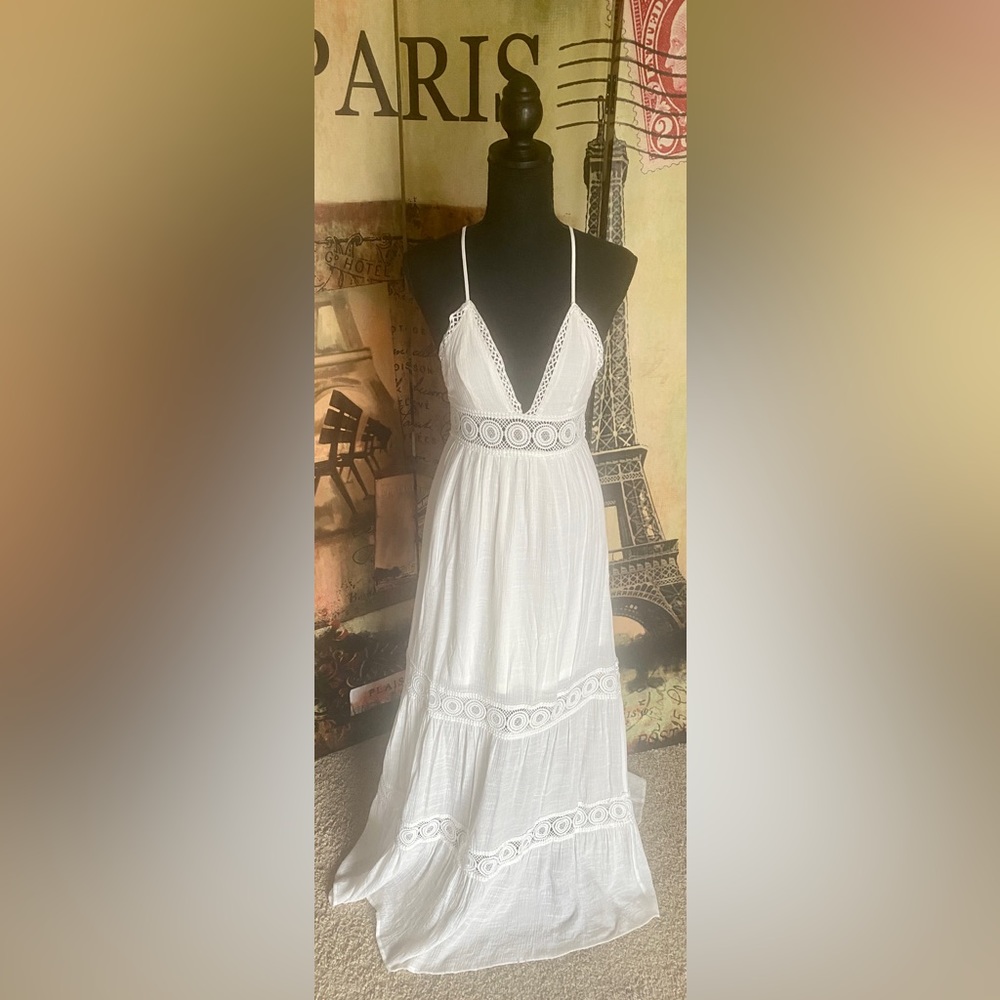White Linen Boho Maxi Dress | Summer Vacation Resort Dress | Size Small NWT